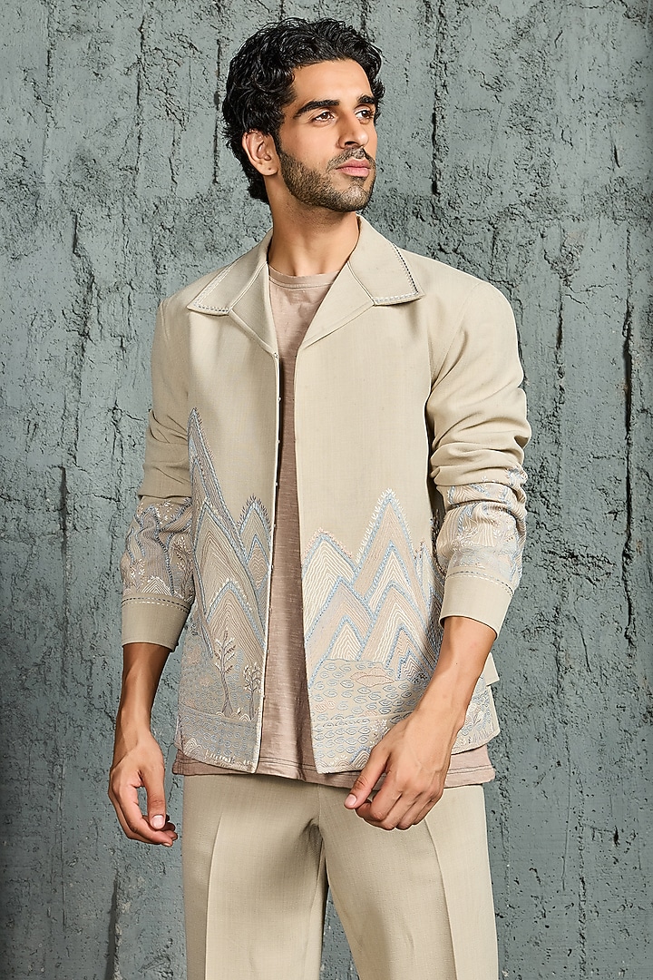 Beige Suiting Thread Embroidered Shacket Set by Sarab Khanijou at Pernia's Pop Up Shop