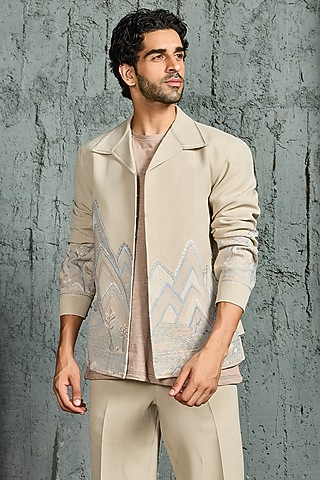 Beige Suiting Thread Embroidered Shacket Set by Sarab Khanijou