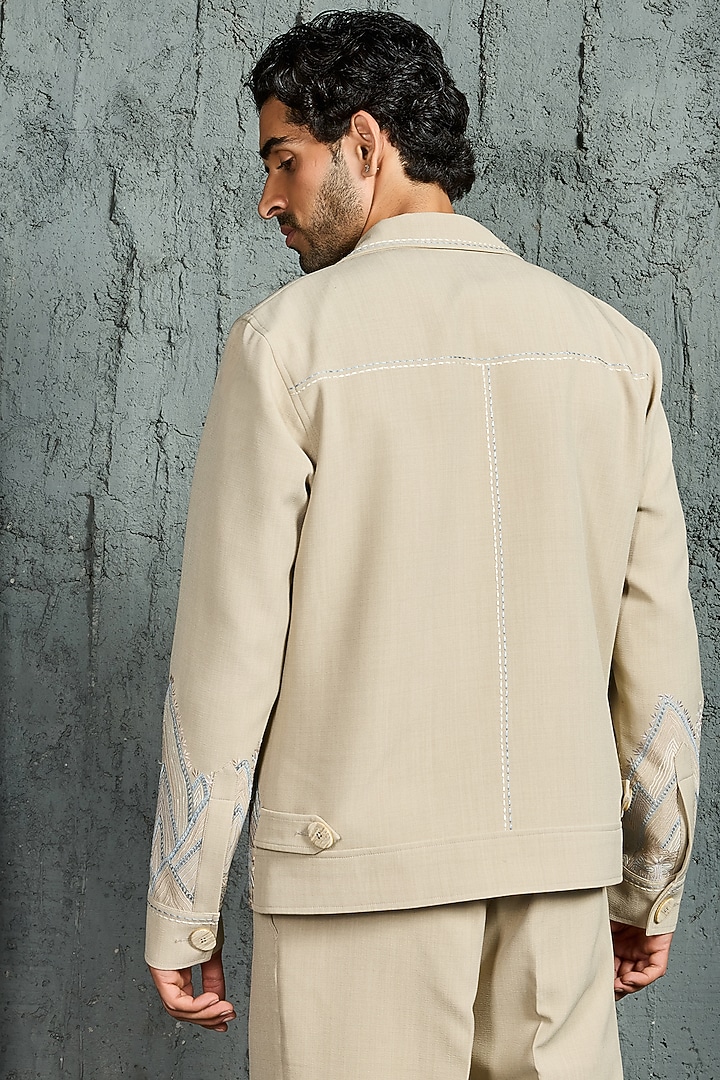 Beige Suiting Thread Embroidered Shacket Set by Sarab Khanijou at Pernia's Pop Up Shop