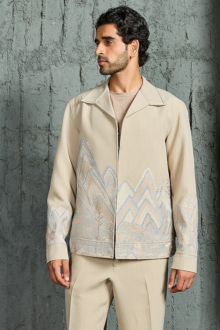 Beige Suiting Thread Embroidered Shacket Set by Sarab Khanijou at Pernia's Pop Up Shop