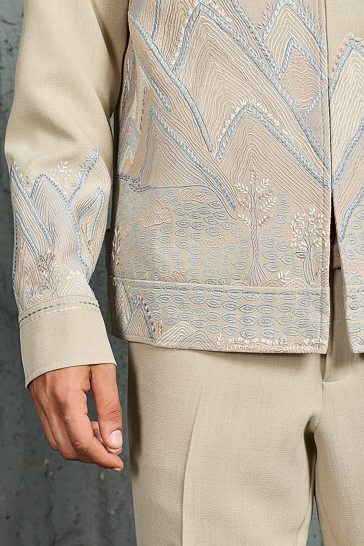 Beige Suiting Thread Embroidered Shacket Set by Sarab Khanijou at Pernia's Pop Up Shop
