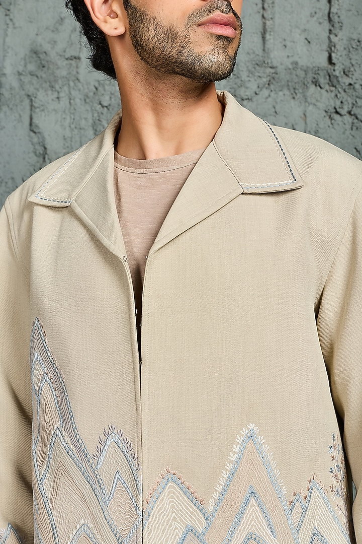 Beige Suiting Thread Embroidered Shacket Set by Sarab Khanijou at Pernia's Pop Up Shop