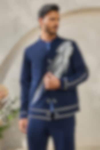 Navy Suiting Thread Embroidered Shacket Set by Sarab Khanijou at Pernia's Pop Up Shop