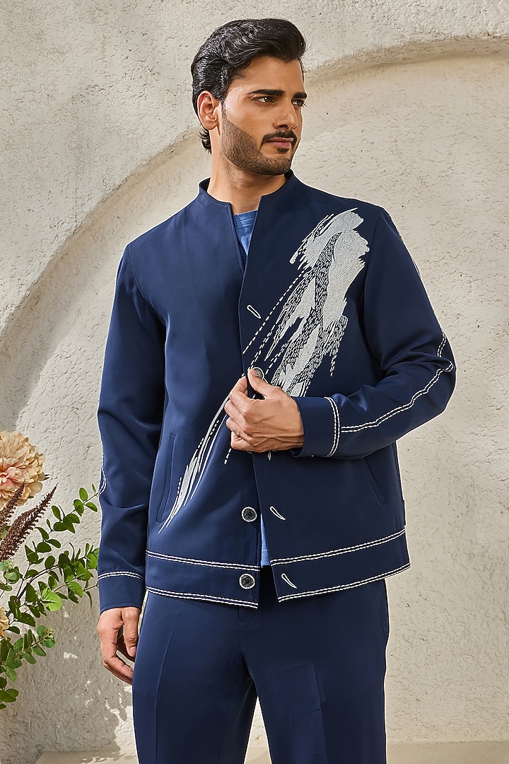 Navy Suiting Thread Embroidered Shacket Set by Sarab Khanijou at Pernia's Pop Up Shop