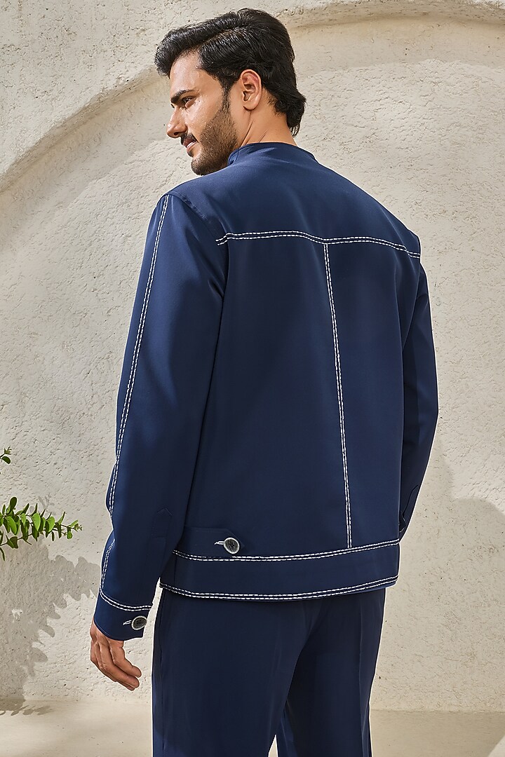 Navy Suiting Thread Embroidered Shacket Set by Sarab Khanijou at Pernia's Pop Up Shop