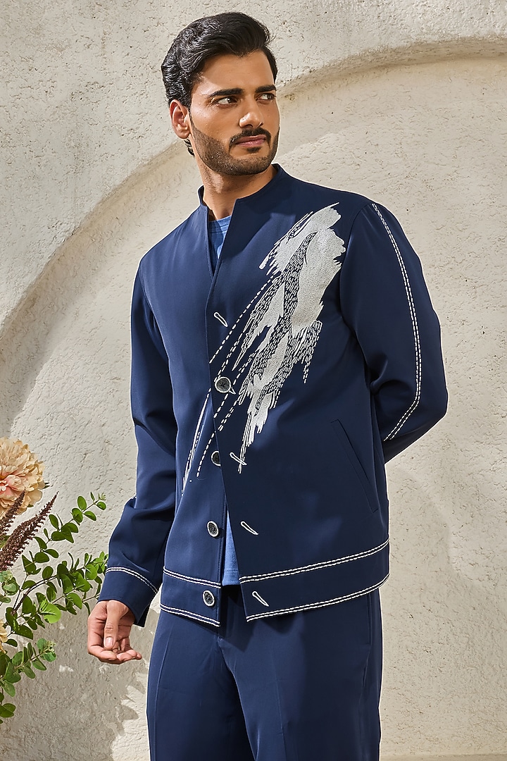 Navy Suiting Thread Embroidered Shacket Set by Sarab Khanijou at Pernia's Pop Up Shop