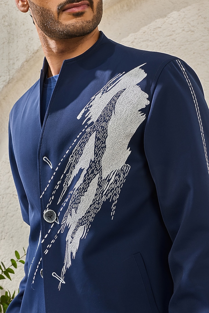 Navy Suiting Thread Embroidered Shacket Set by Sarab Khanijou at Pernia's Pop Up Shop