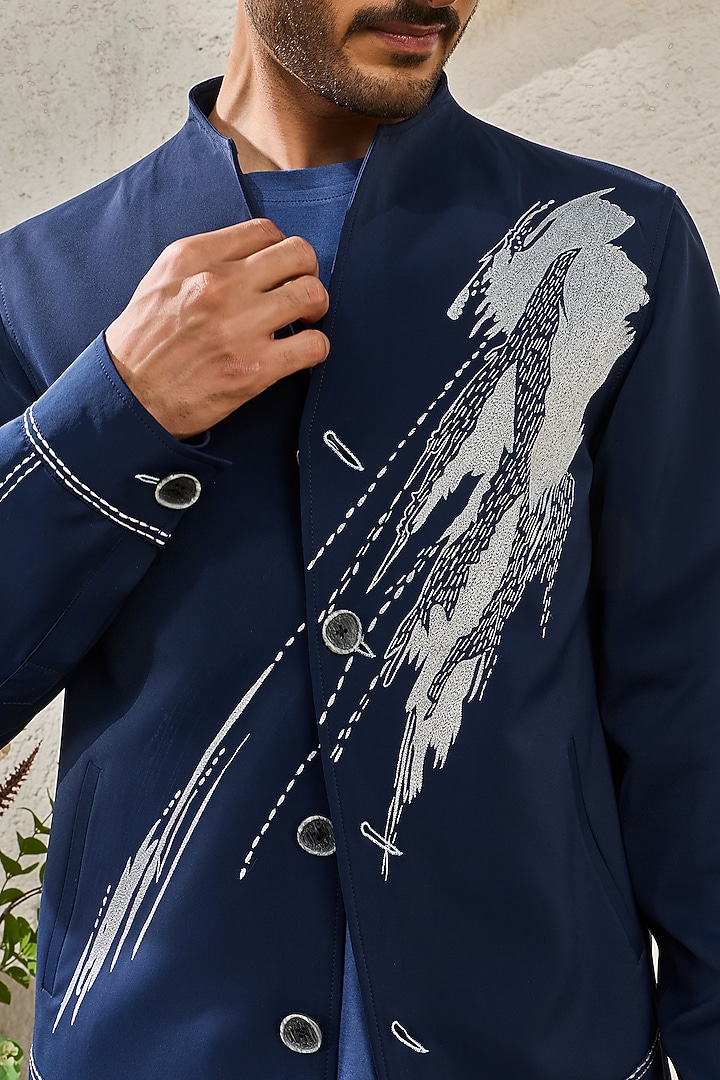Navy Suiting Thread Embroidered Shacket Set by Sarab Khanijou at Pernia's Pop Up Shop