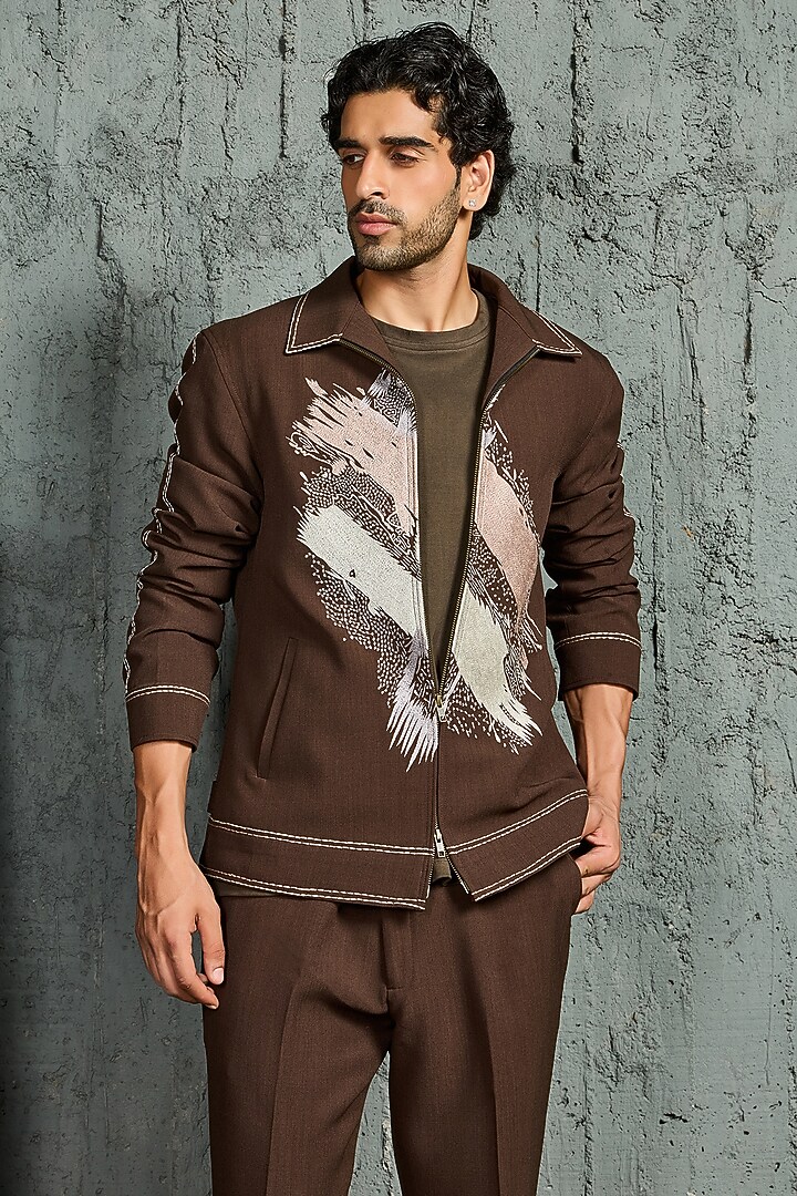 Brown Suiting Thread Embroidered Shacket Set by Sarab Khanijou at Pernia's Pop Up Shop