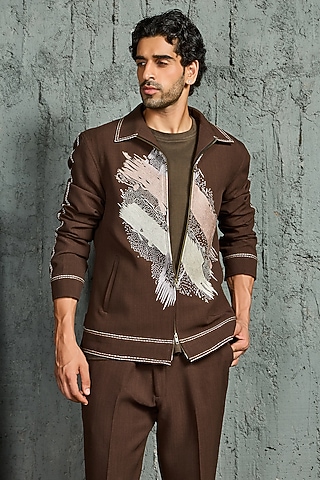 Brown Suiting Thread Embroidered Shacket Set by Sarab Khanijou