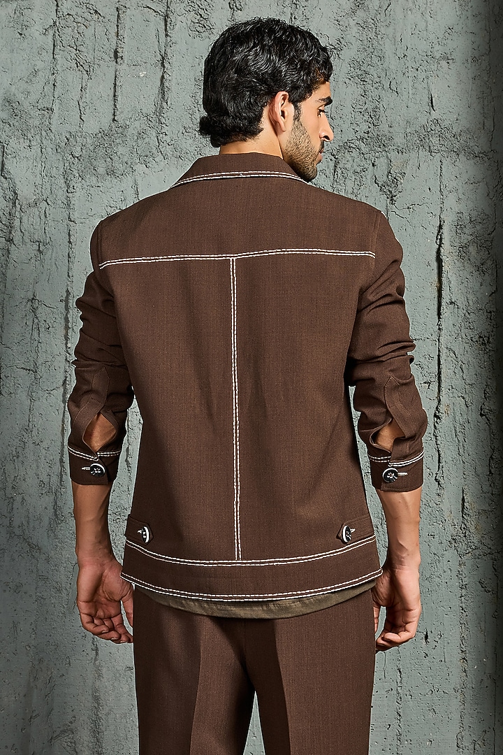 Brown Suiting Thread Embroidered Shacket Set by Sarab Khanijou at Pernia's Pop Up Shop