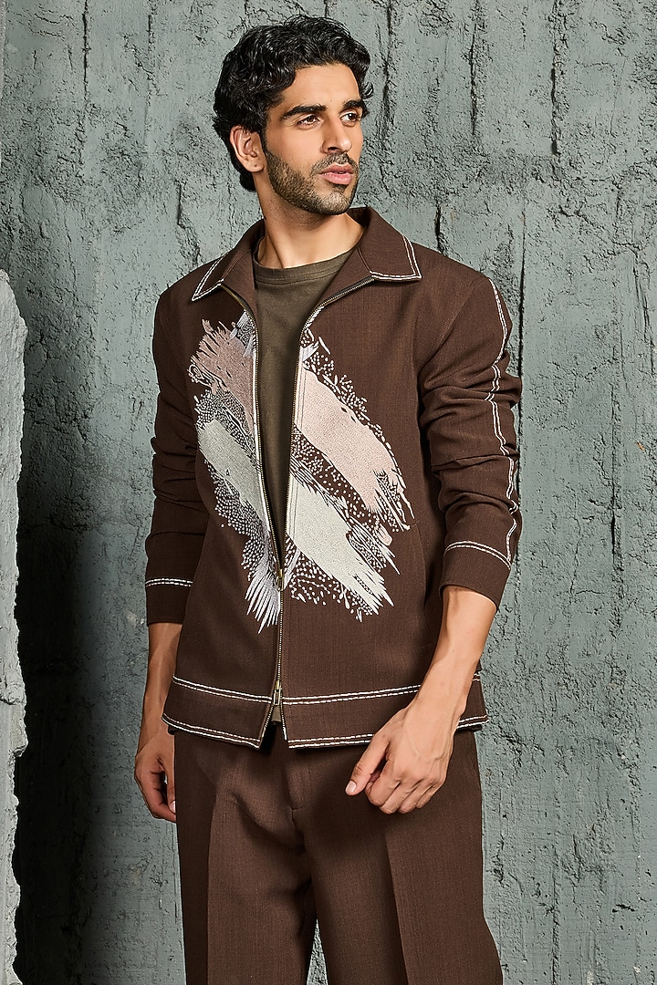 Brown Suiting Thread Embroidered Shacket Set by Sarab Khanijou at Pernia's Pop Up Shop