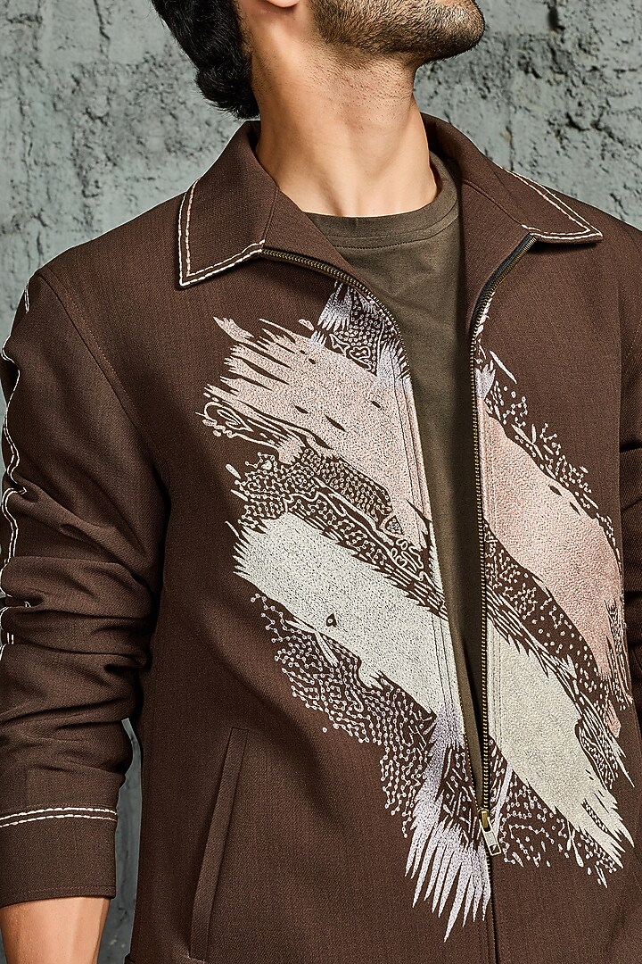 Brown Suiting Thread Embroidered Shacket Set by Sarab Khanijou at Pernia's Pop Up Shop