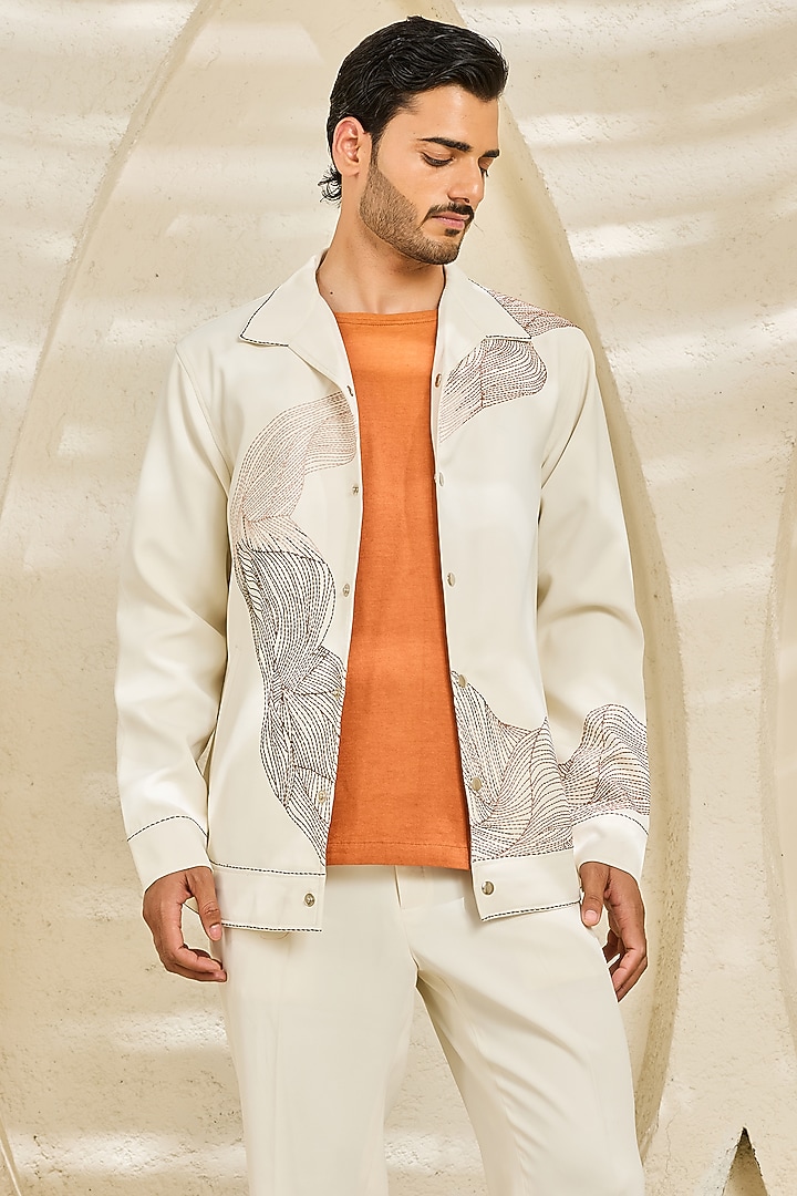 Ivory Suiting Thread Embroidered Shacket Set by Sarab Khanijou at Pernia's Pop Up Shop