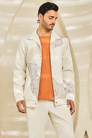 Ivory Suiting Thread Embroidered Shacket Set by Sarab Khanijou
