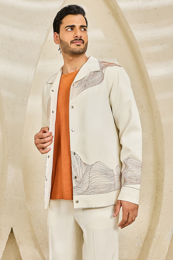 Ivory Suiting Thread Embroidered Shacket Set by Sarab Khanijou at Pernia's Pop Up Shop