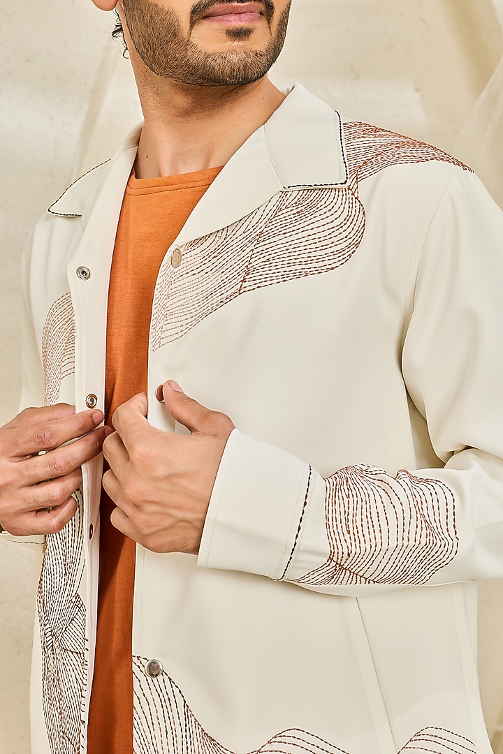 Ivory Suiting Thread Embroidered Shacket Set by Sarab Khanijou at Pernia's Pop Up Shop