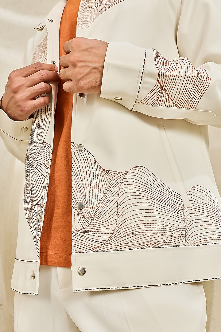 Ivory Suiting Thread Embroidered Shacket Set by Sarab Khanijou at Pernia's Pop Up Shop
