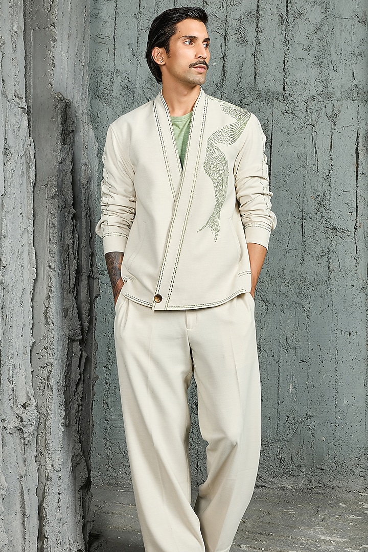 Ice Grey Suiting Thread Embroidered Shacket Set by Sarab Khanijou at Pernia's Pop Up Shop