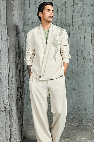 Ice Grey Suiting Thread Embroidered Shacket Set by Sarab Khanijou