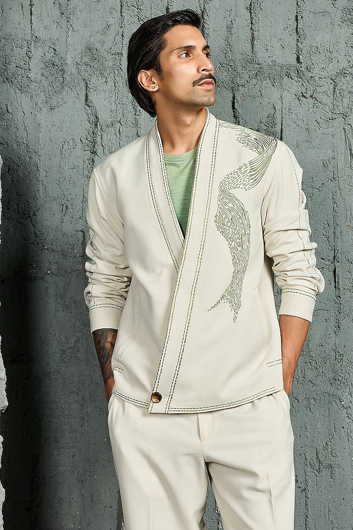 Ice Grey Suiting Thread Embroidered Shacket Set by Sarab Khanijou at Pernia's Pop Up Shop