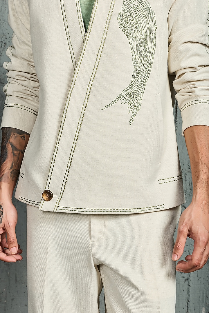 Ice Grey Suiting Thread Embroidered Shacket Set by Sarab Khanijou at Pernia's Pop Up Shop
