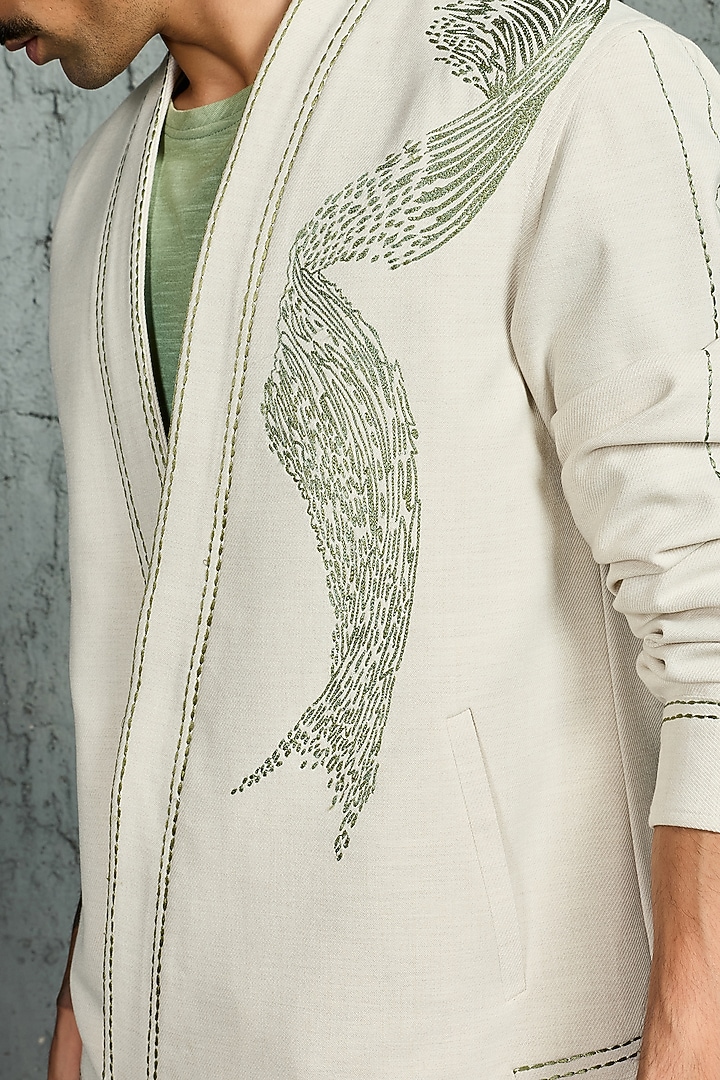 Ice Grey Suiting Thread Embroidered Shacket Set by Sarab Khanijou at Pernia's Pop Up Shop