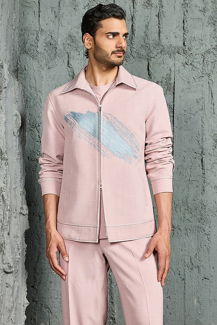 Bubblegum Pink Suiting Thread Embroidered Shacket Set by Sarab Khanijou at Pernia's Pop Up Shop
