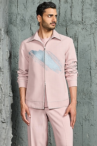 Bubblegum Pink Suiting Thread Embroidered Shacket Set by Sarab Khanijou
