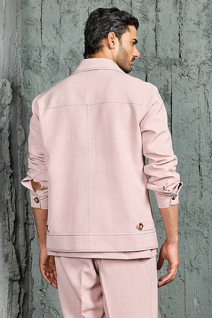Bubblegum Pink Suiting Thread Embroidered Shacket Set by Sarab Khanijou at Pernia's Pop Up Shop