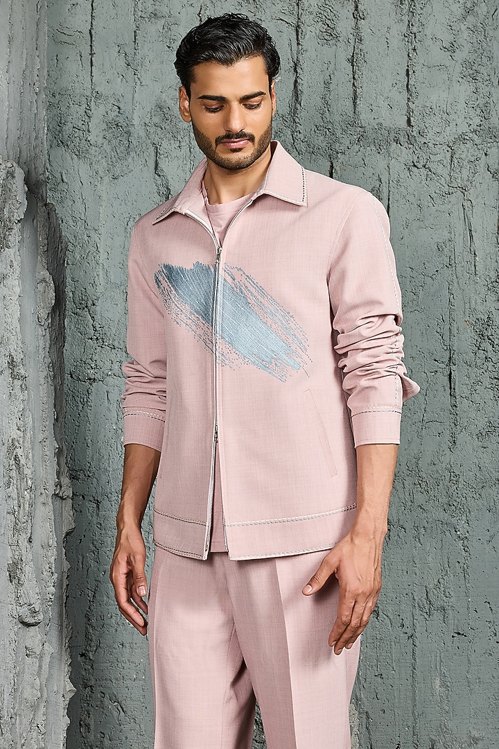 Bubblegum Pink Suiting Thread Embroidered Shacket Set by Sarab Khanijou at Pernia's Pop Up Shop