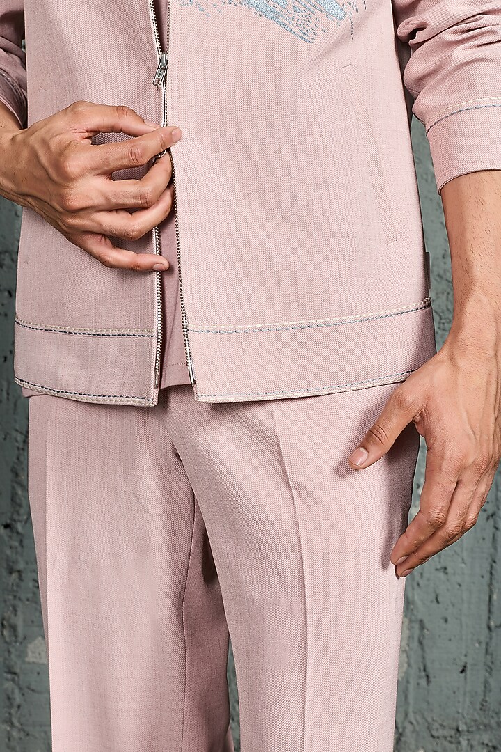 Bubblegum Pink Suiting Thread Embroidered Shacket Set by Sarab Khanijou at Pernia's Pop Up Shop