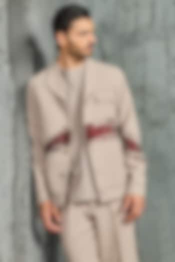 Beige Suiting Thread Embroidered Shacket Set by Sarab Khanijou at Pernia's Pop Up Shop