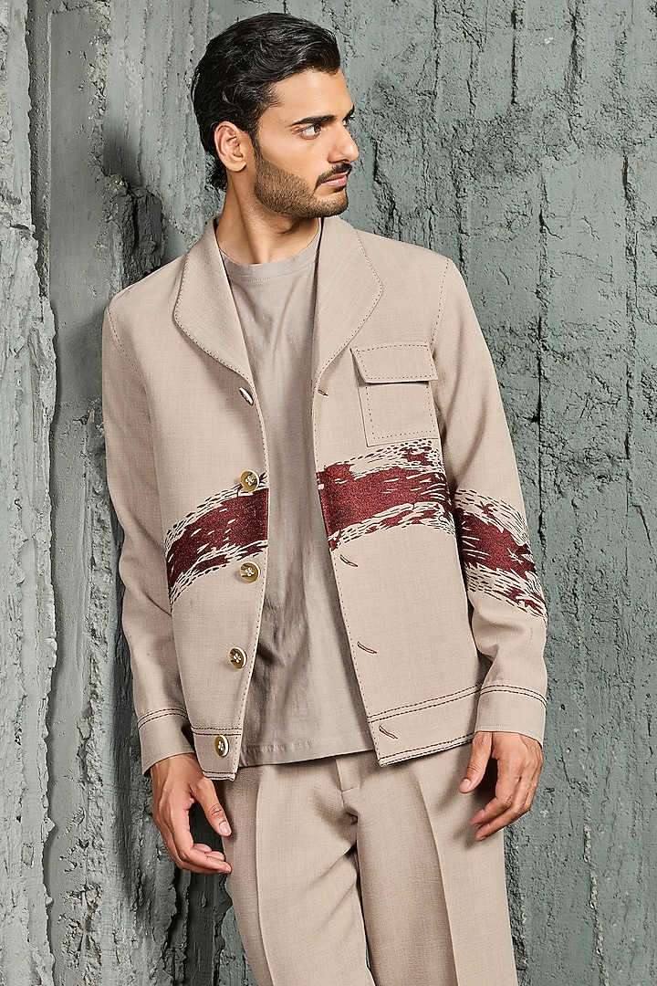 Beige Suiting Thread Embroidered Shacket Set by Sarab Khanijou at Pernia's Pop Up Shop
