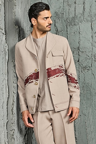 Beige Suiting Thread Embroidered Shacket Set by Sarab Khanijou