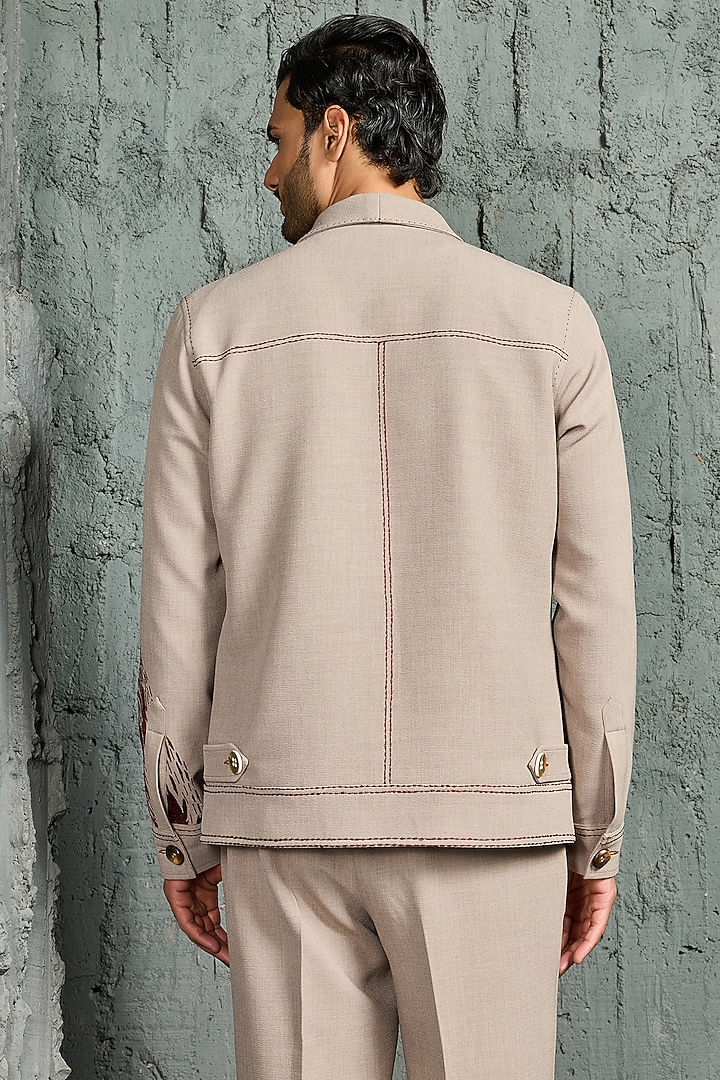Beige Suiting Thread Embroidered Shacket Set by Sarab Khanijou at Pernia's Pop Up Shop