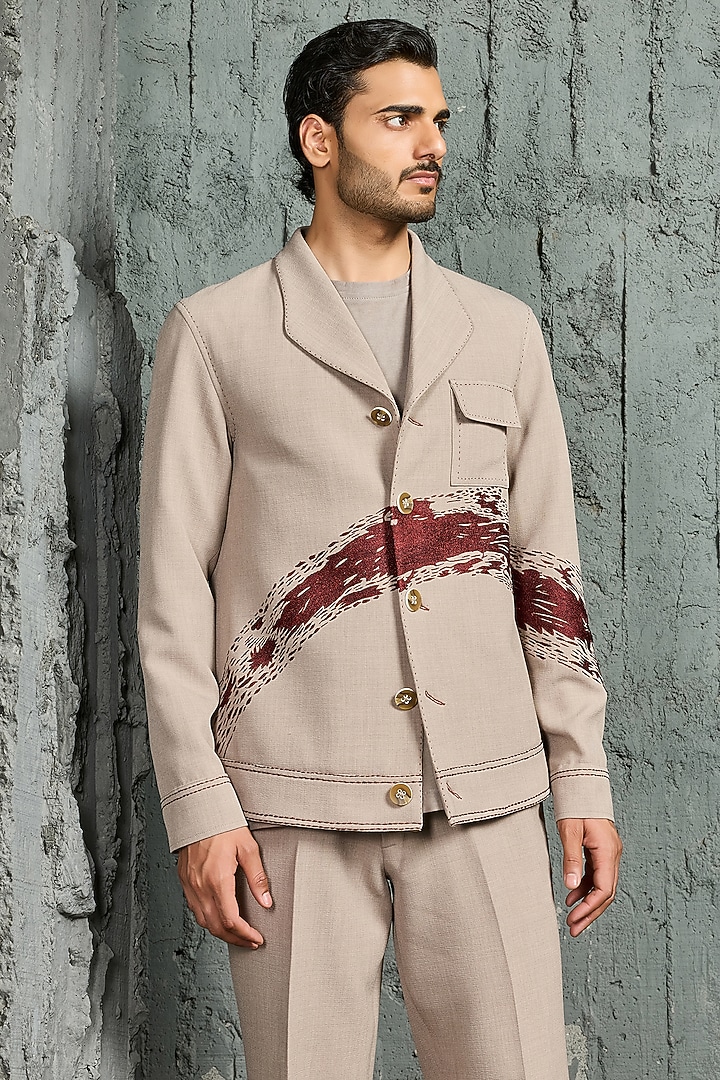 Beige Suiting Thread Embroidered Shacket Set by Sarab Khanijou at Pernia's Pop Up Shop
