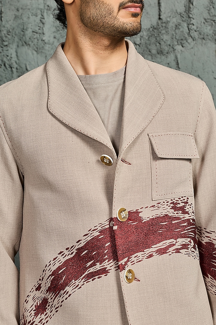 Beige Suiting Thread Embroidered Shacket Set by Sarab Khanijou at Pernia's Pop Up Shop