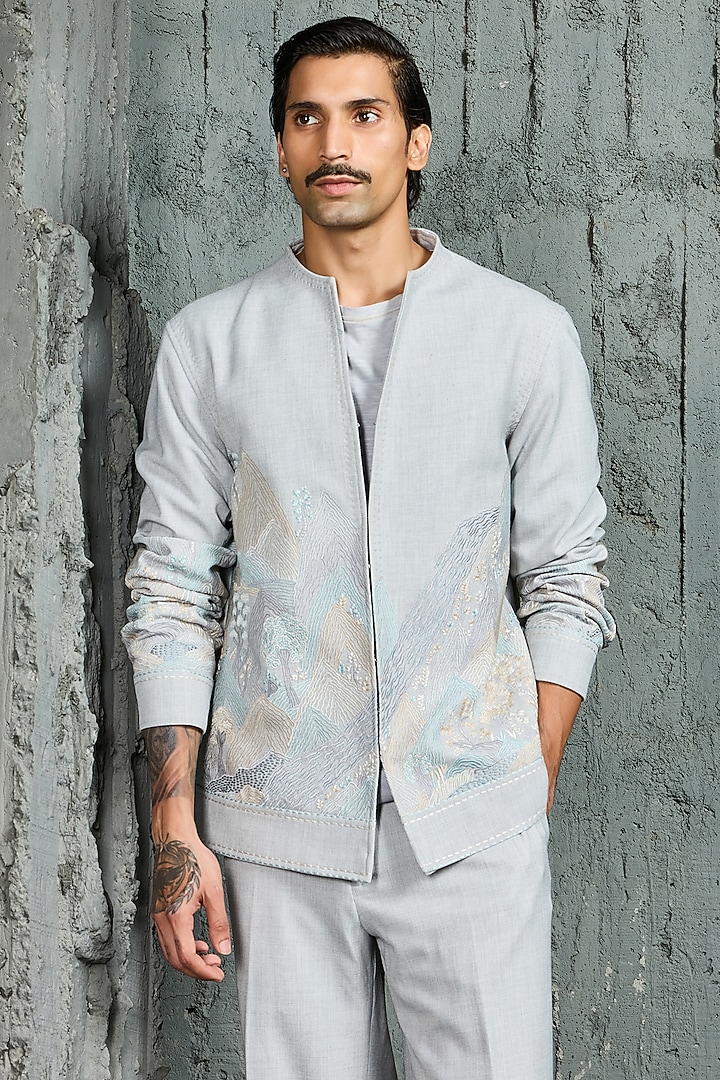 Powder Blue Suiting Thread Embroidered Shacket Set by Sarab Khanijou at Pernia's Pop Up Shop