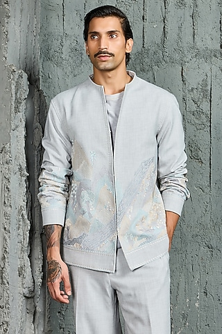 Powder Blue Suiting Thread Embroidered Shacket Set by Sarab Khanijou