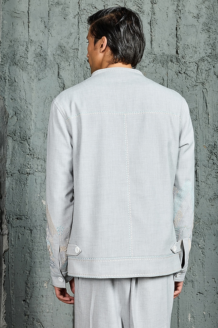 Powder Blue Suiting Thread Embroidered Shacket Set by Sarab Khanijou at Pernia's Pop Up Shop