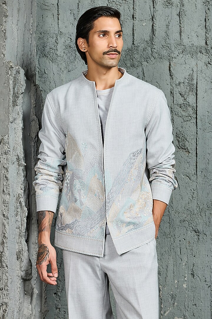 Powder Blue Suiting Thread Embroidered Shacket Set by Sarab Khanijou at Pernia's Pop Up Shop
