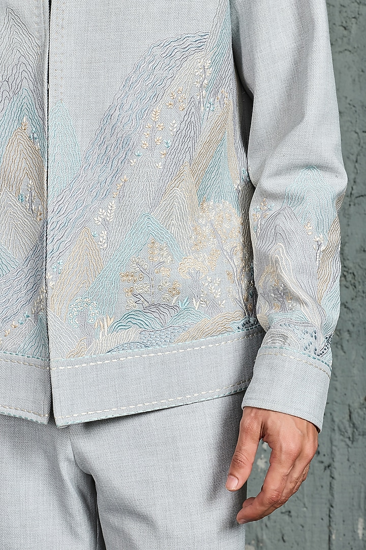 Powder Blue Suiting Thread Embroidered Shacket Set by Sarab Khanijou at Pernia's Pop Up Shop