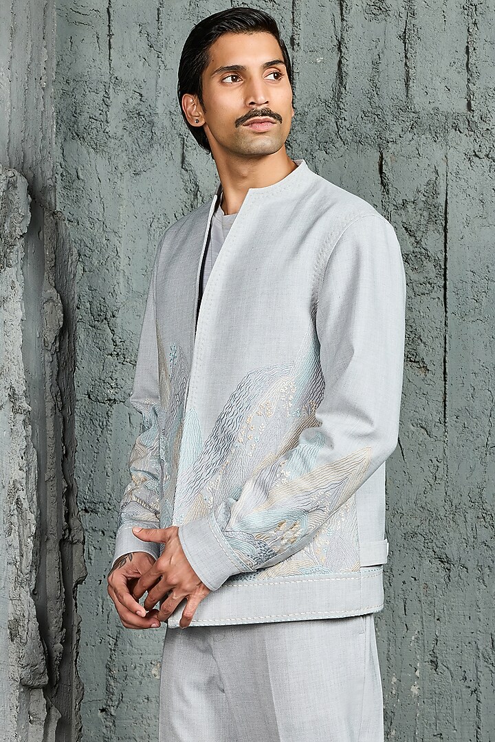 Powder Blue Suiting Thread Embroidered Shacket Set by Sarab Khanijou at Pernia's Pop Up Shop