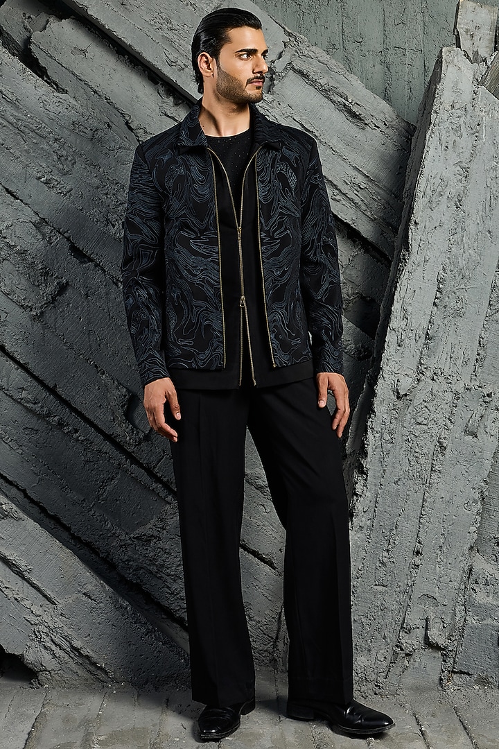 Black Suiting Embroidered Shacket Set by Sarab Khanijou at Pernia's Pop Up Shop