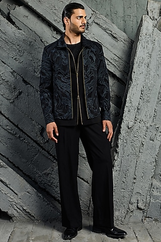 Black Suiting Embroidered Shacket Set by Sarab Khanijou