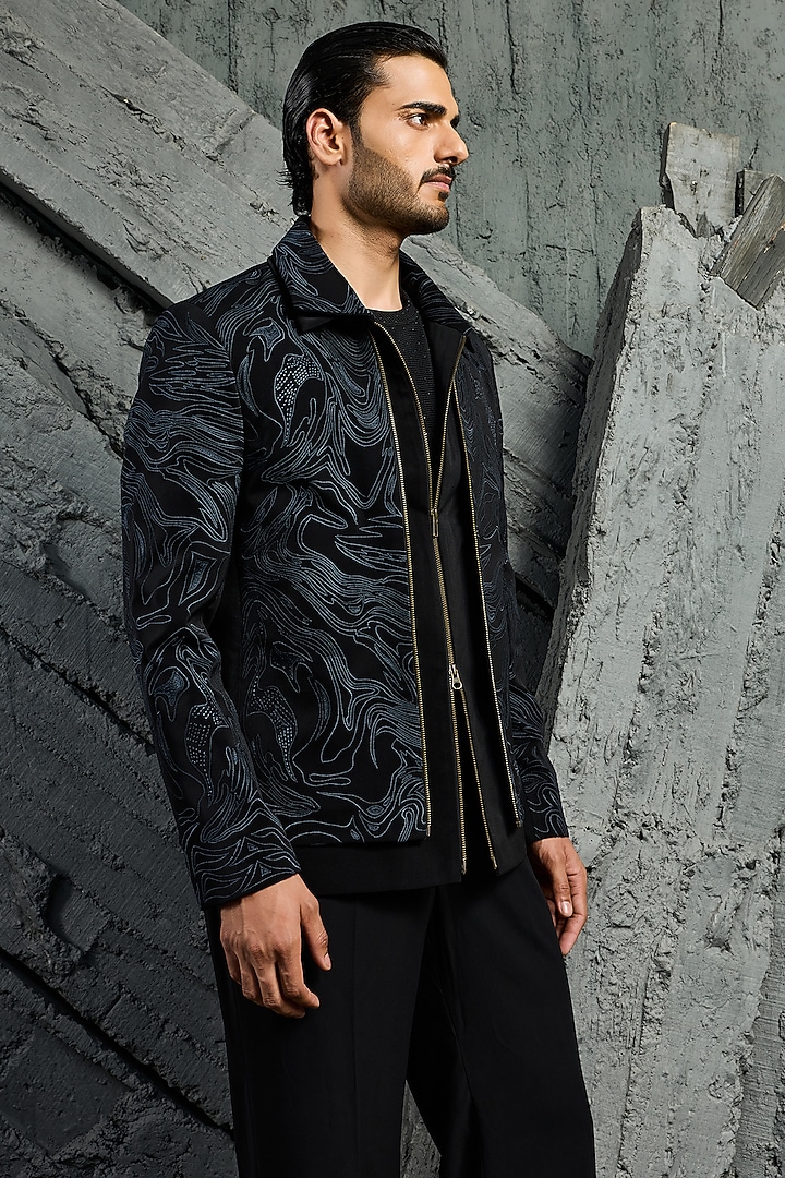 Black Suiting Embroidered Shacket Set by Sarab Khanijou at Pernia's Pop Up Shop
