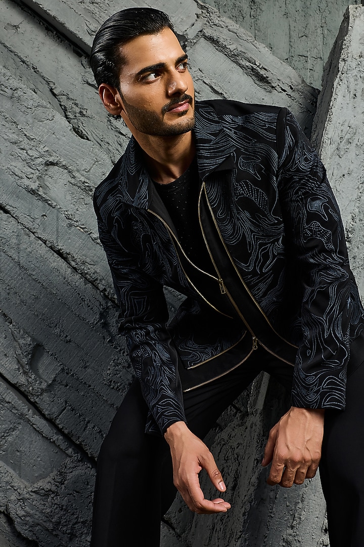 Black Suiting Embroidered Shacket Set by Sarab Khanijou at Pernia's Pop Up Shop