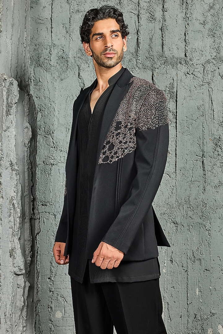 Black Sandwash Cutdana Embroidered Jacket Set by Sarab Khanijou at Pernia's Pop Up Shop