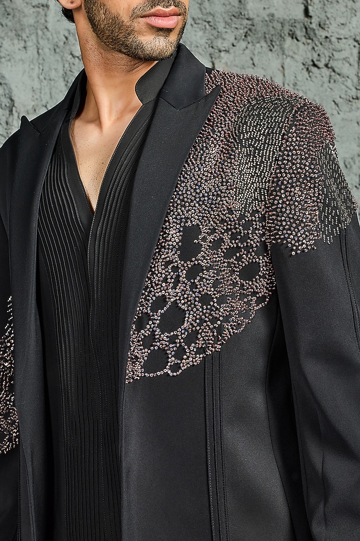 Black Sandwash Cutdana Embroidered Jacket Set by Sarab Khanijou at Pernia's Pop Up Shop